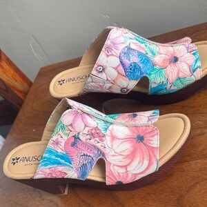 Anuschka Women's Bird and Floral Pink and Blue Mules